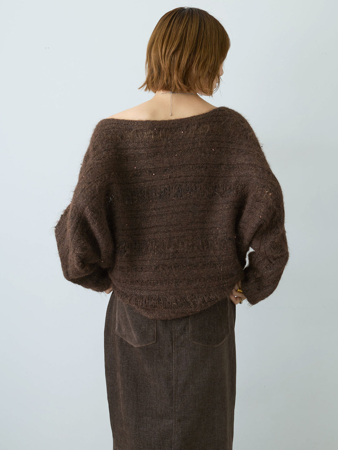 [予約]ミックス透かし編ワイドネックニットトップス/brown