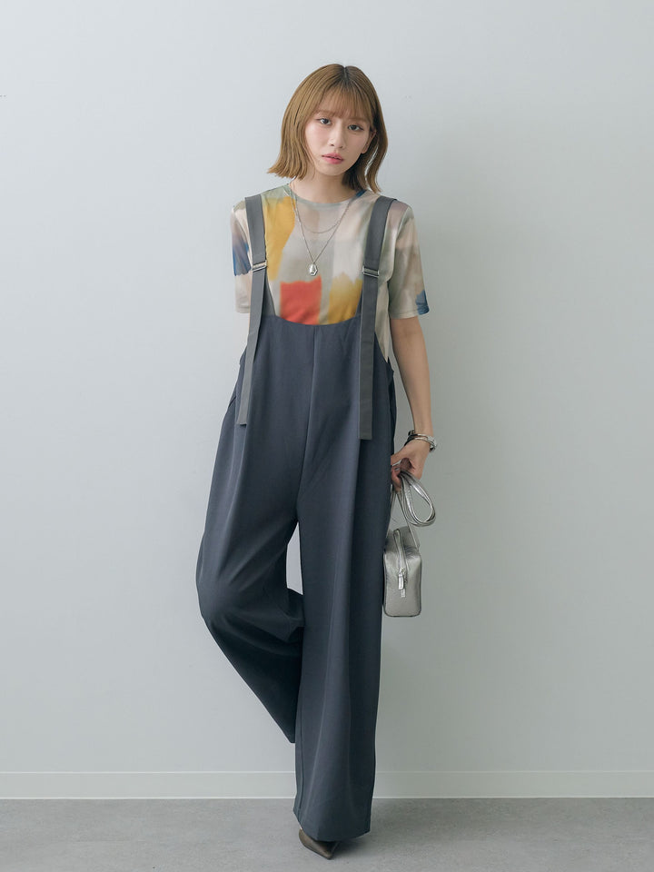 [SET]水彩アートシアーTシャツ+前後2wayドレープワイドオールインワン(2set)
