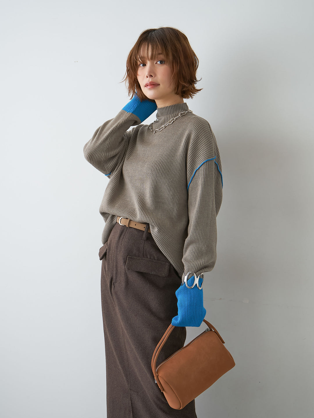[SET]バイカラーモックネックリブニットトップス+メルトンフラップ付ストレートスカート(2set)