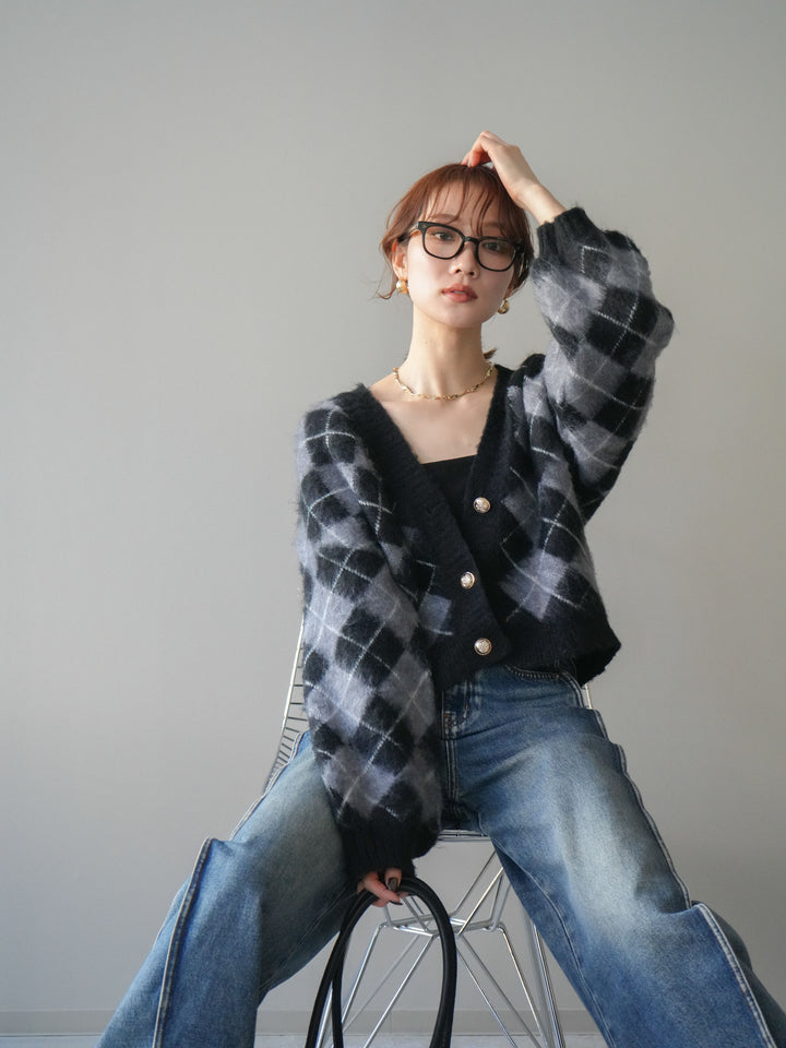 [予約]アーガイルシャギーニットカーディガン/gray