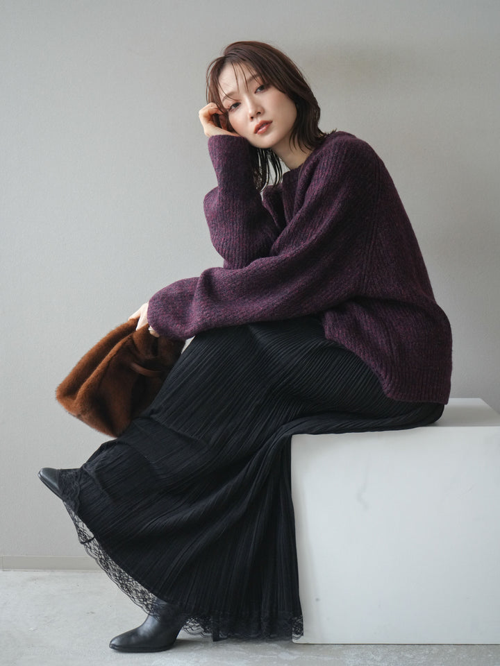 [予約]クルーネック畦編みミックスニット/bordeaux