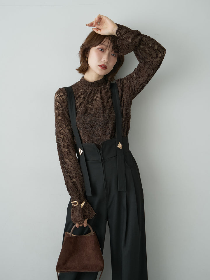 [予約]ベロアレースバックリボンブラウス/brown