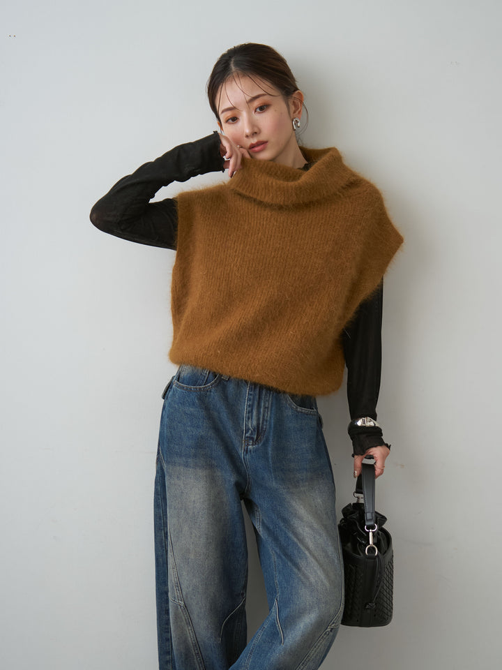 [SET]シャギータートルニットベスト+メロートリムシアートップス+ヘムデザインワイドデニムパンツ(3set)