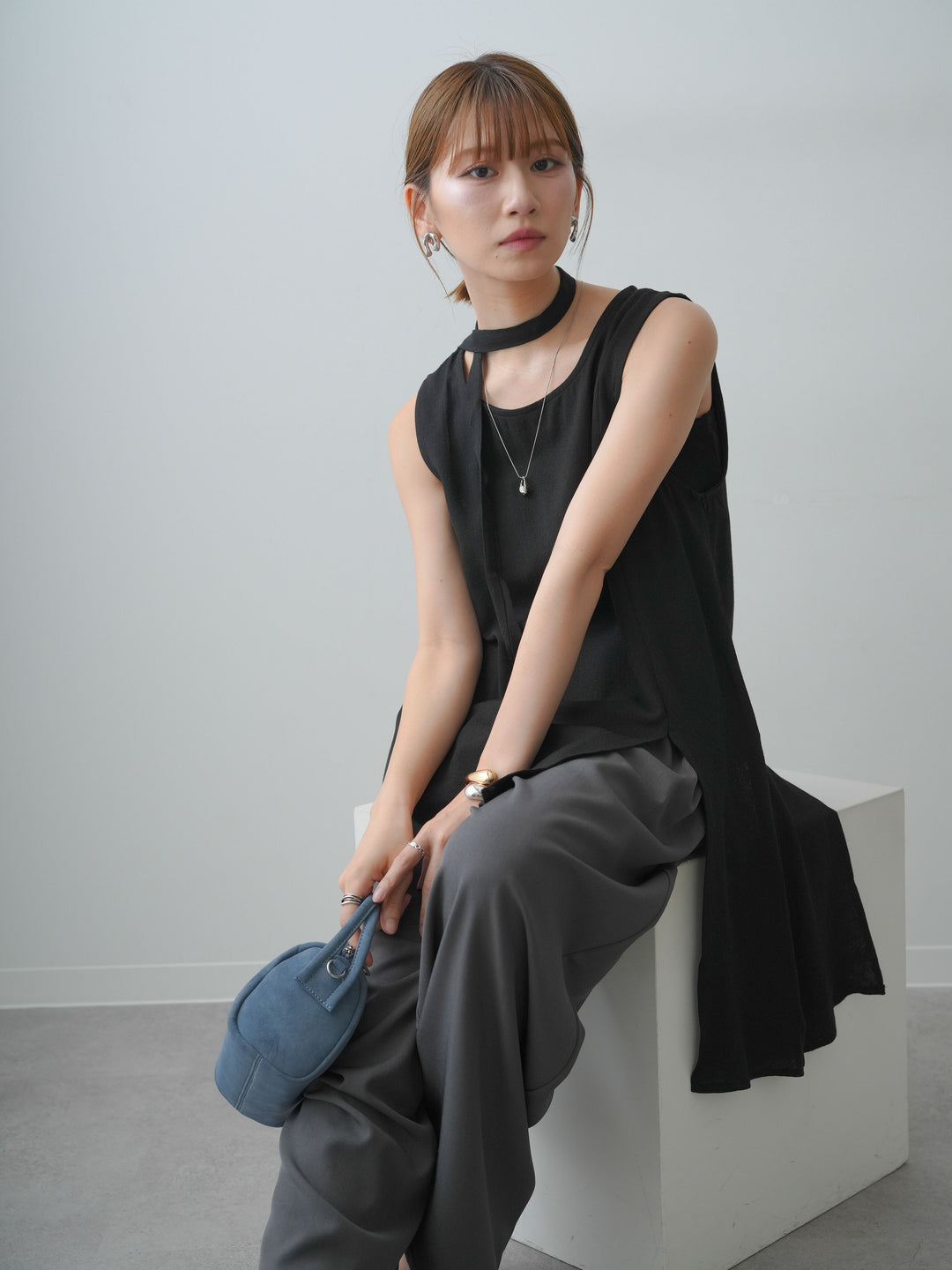 [SET]タイ付アシメヘムノースリトップス+ベルトループデザインワイドパンツ(2set)