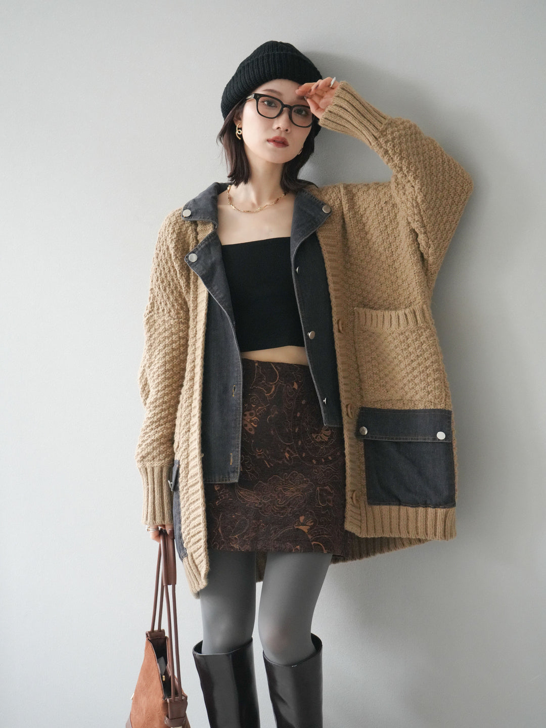 [SET]デニム襟レイヤードニットジャケット+デニム襟レイヤードニットジャケット(2set)