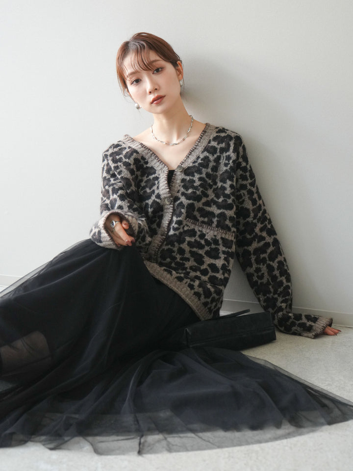 [予約]アニマル柄ステッチニットカーディガン/brown