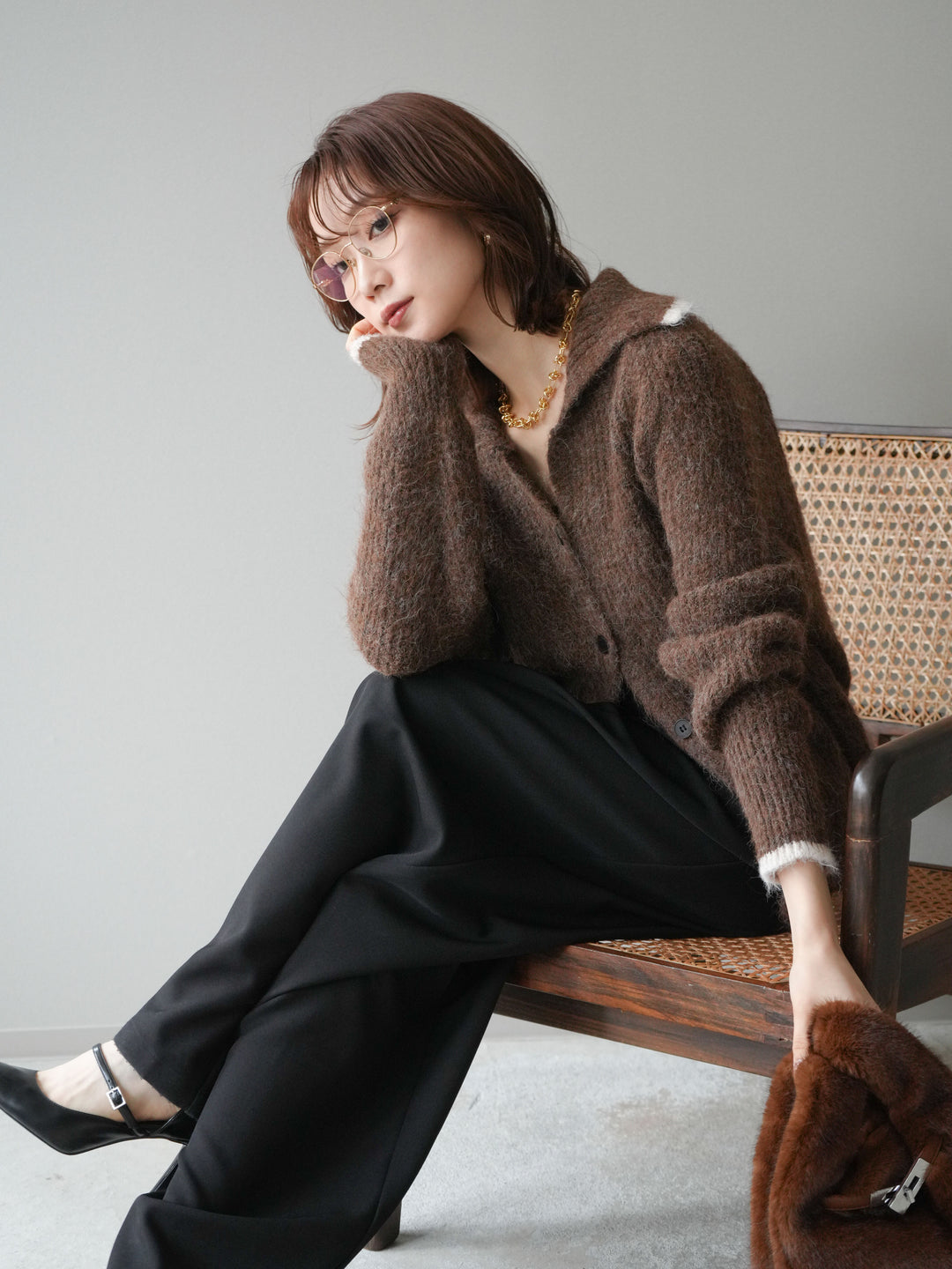 [予約]襟付きバイカラーミックスニットカーディガン/brown