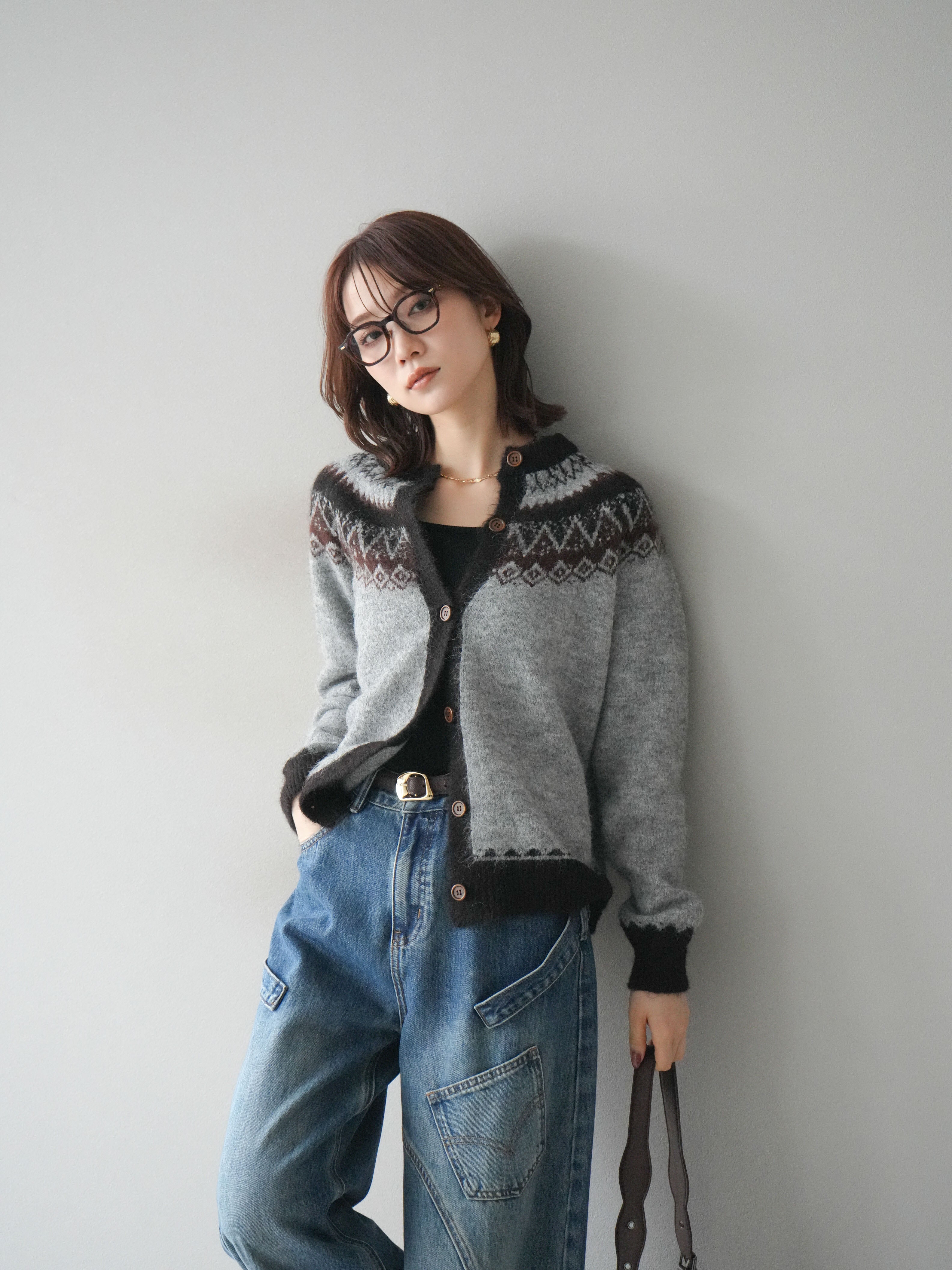 SET]ノルディック柄ニットカーディガン+ペインターカーブデニムパンツ