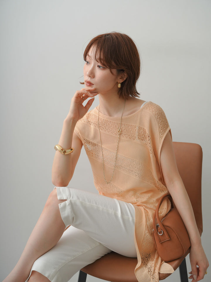 [予約]透かし編みアシメノースリトップス/beige
