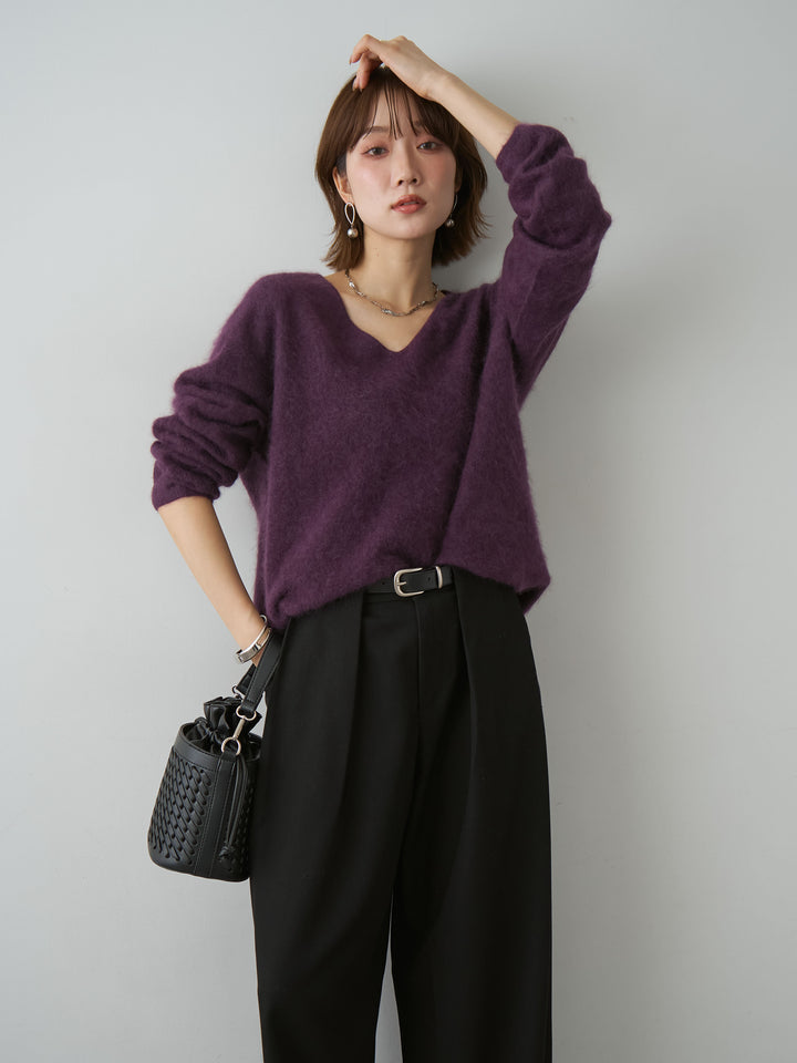 [SET]カシミア混フェザータッチVネックニットトップス+ニューベルトループワイドパンツ(2set)