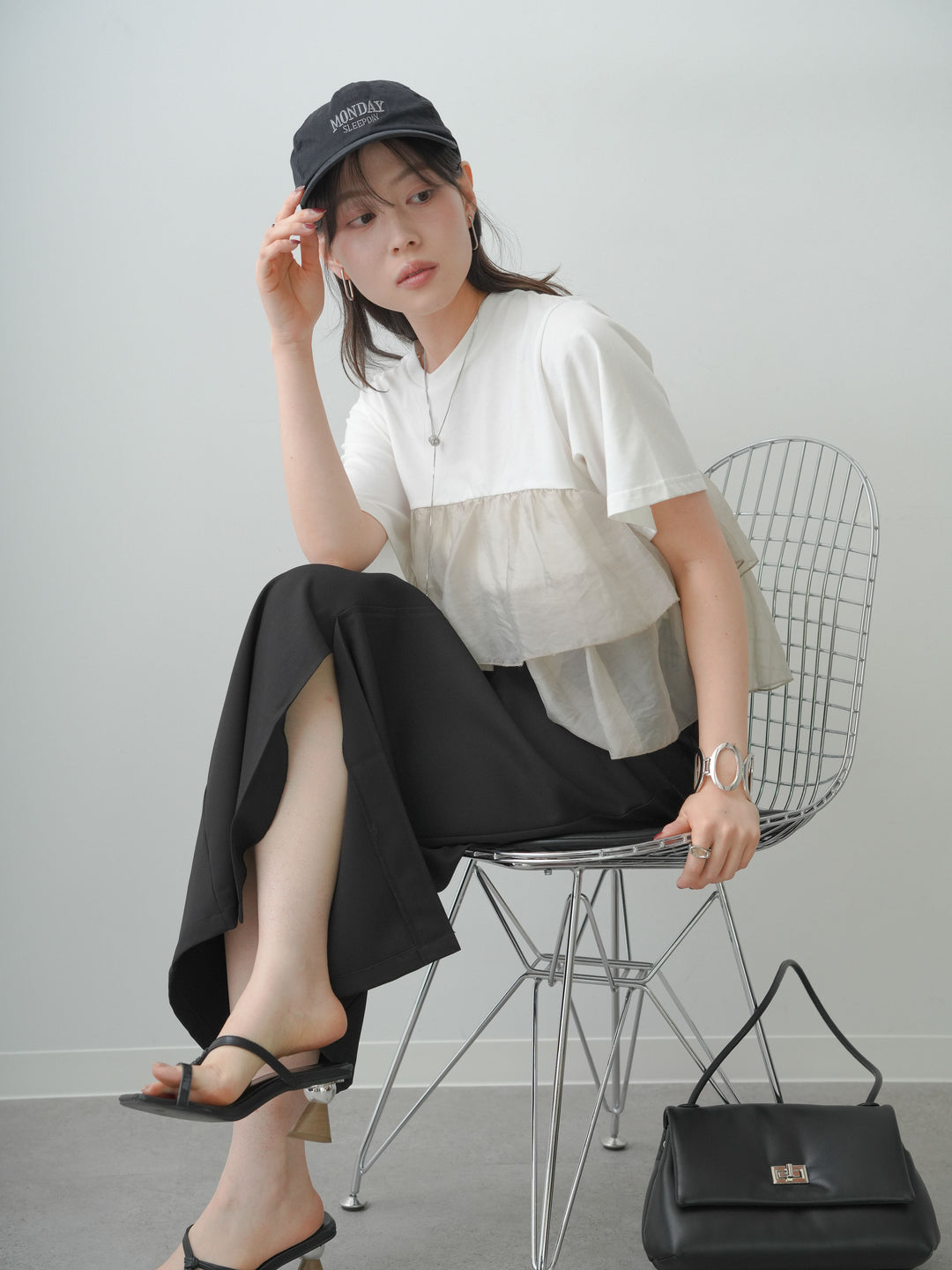 [SET]オーガンジーフリルドッキングTEE+クレープデシンフラップ付きストレートスカート(2set)
