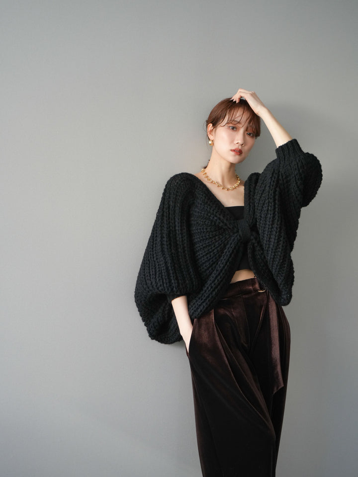 [SET]ローゲージ畦編みドルマンニットボレロ+ベロアベルトスリムパンツ(2set)