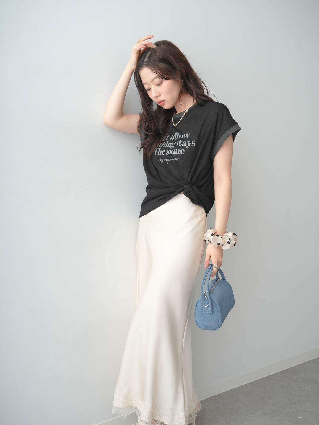 [SET]シアースラブバイカラーフレンチTEE+レースヘムサテンIラインスカート(2set)