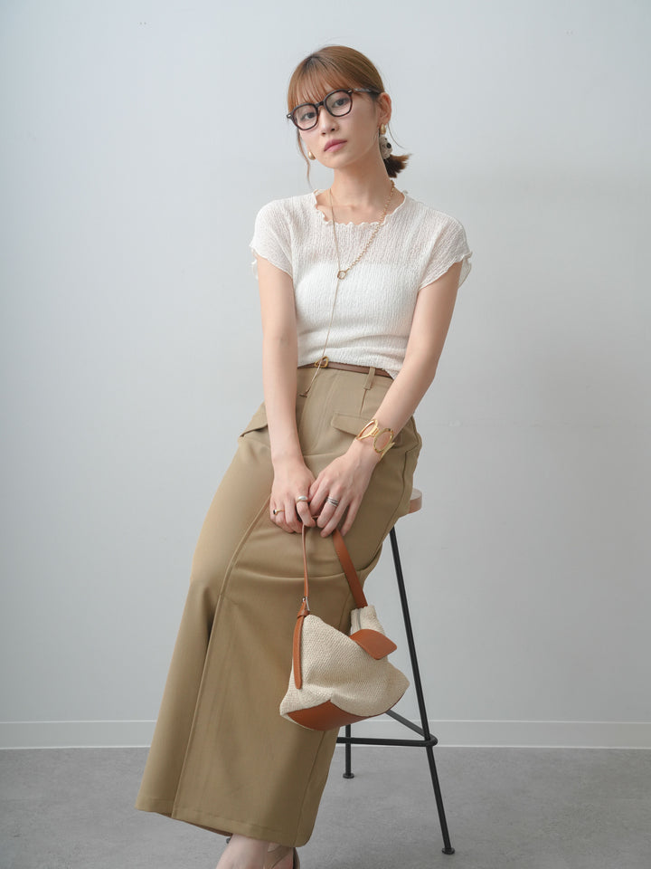 [SET]シャーリングシアーバックオープンフレンチトップス+クレープデシンフラップ付きストレートスカート(2set)