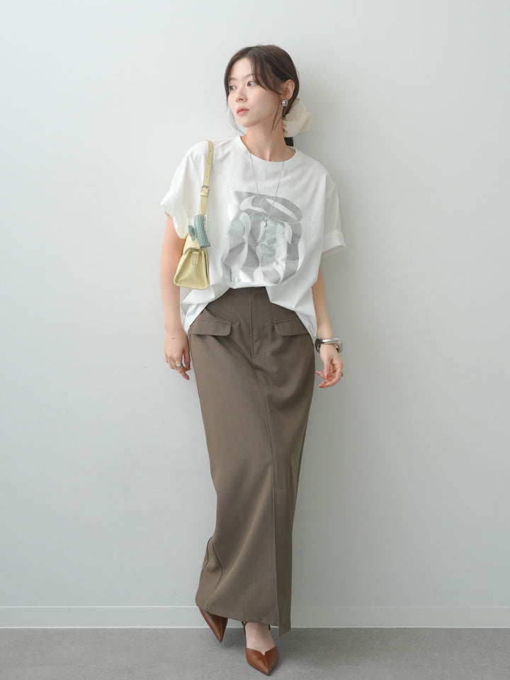 [SET]クールタッチアートロゴオーバーTEE+クレープデシンフラップ付きストレートスカート(2set)