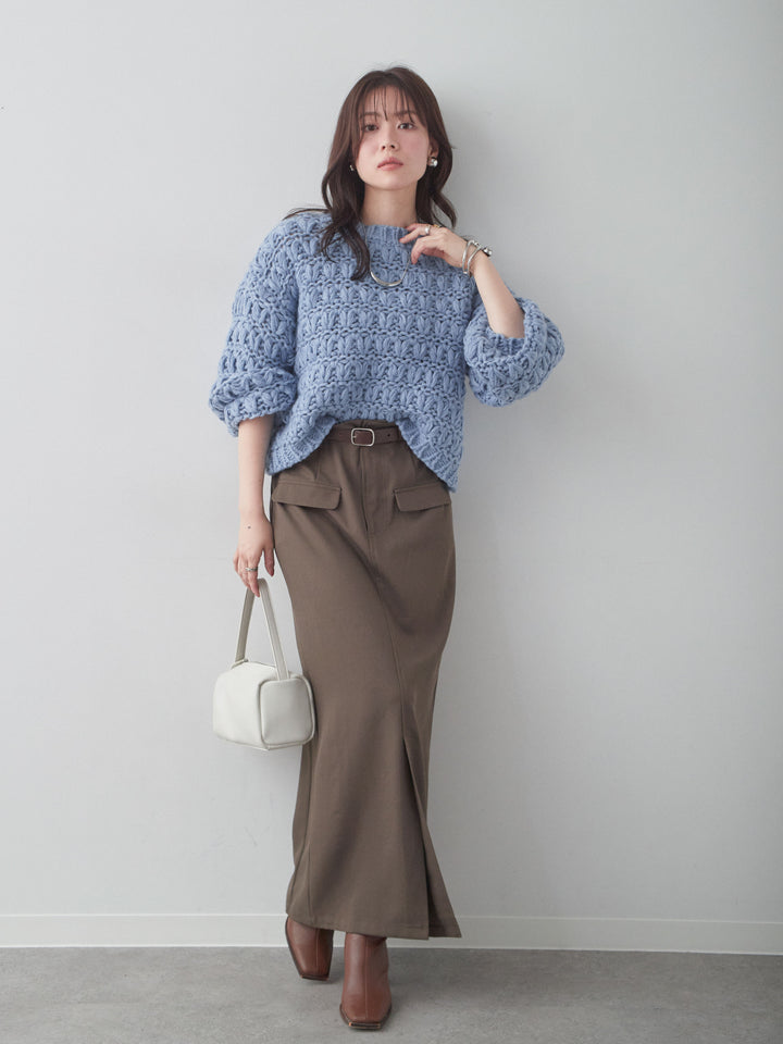 [SET]ループクロップニットトップス+クレープデシンフラップ付きストレートスカート(2set)