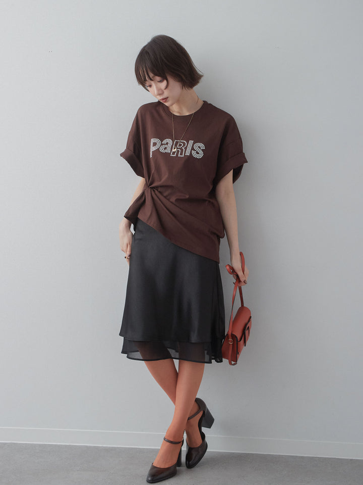 [SET]スタッズロゴTEE+サテンシフォンレイヤードスカート(2set)