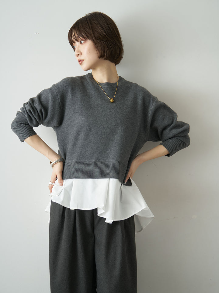 [SET]アシンメトリーシャツレイヤードニットプルオーバー+ダブルタックドレープストレートワイドパンツ(2set)