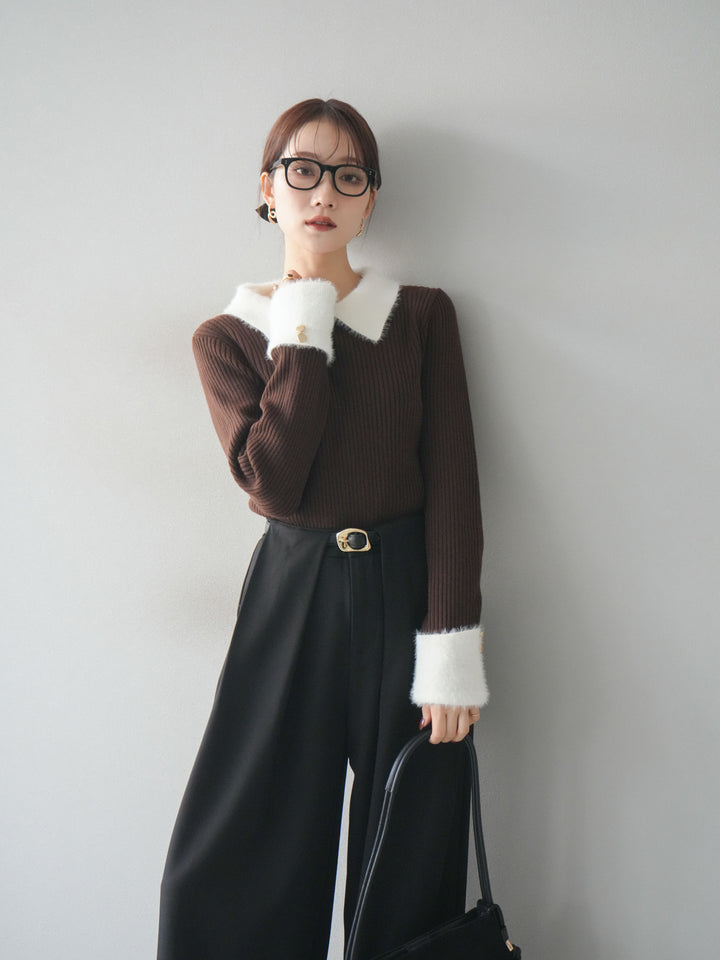 [SET]シャギー襟リブニットトップス+ベルトループデザインワイドパンツ(2set)