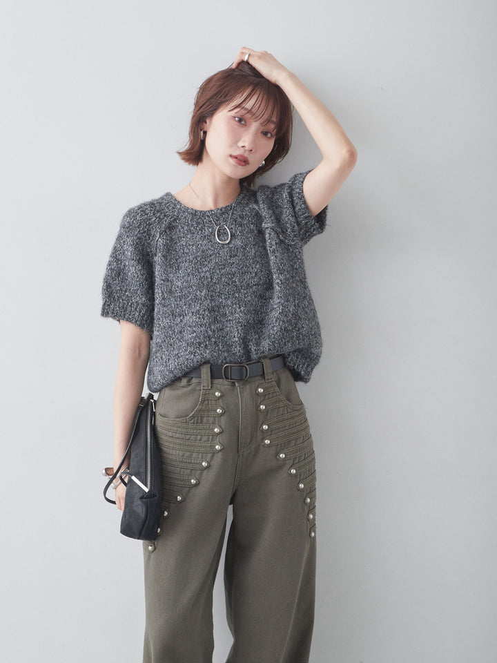 [SET]メランジショートニットトップス+ナポレオンワイドストレートパンツ(2set)