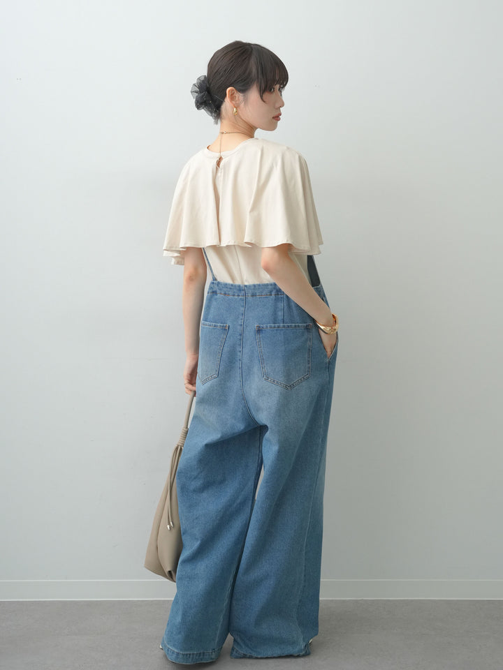 [SET]前後2wayケープTEE+フロントジップデニムサロペット(2set)