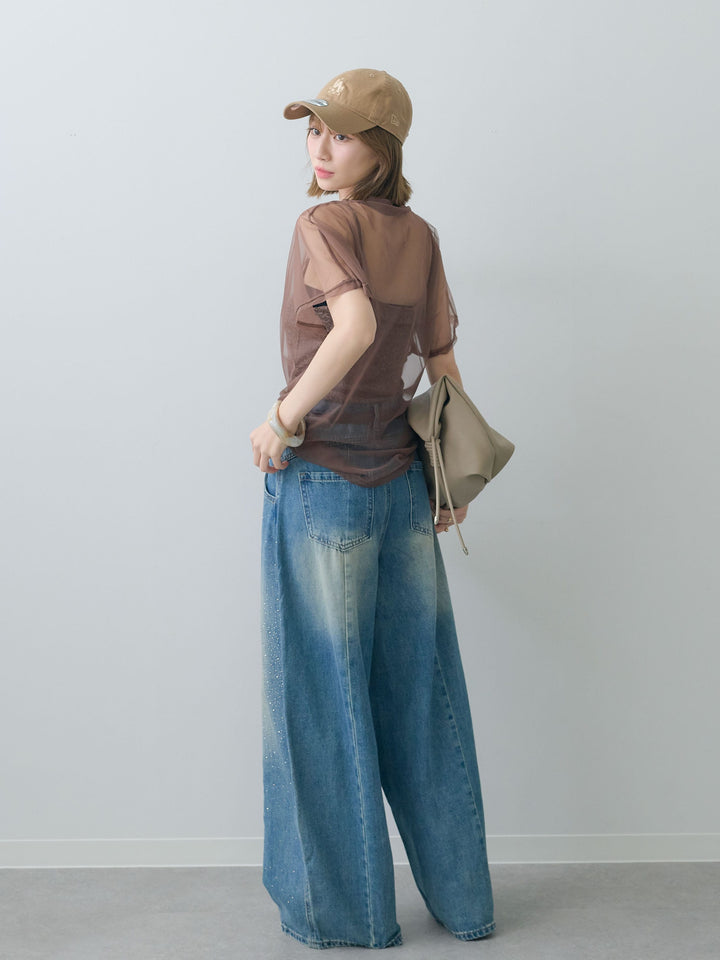 [SET]インナーキャミ付シアーオーバーTEE+フロントビジューカーブデニムパンツ(2set)