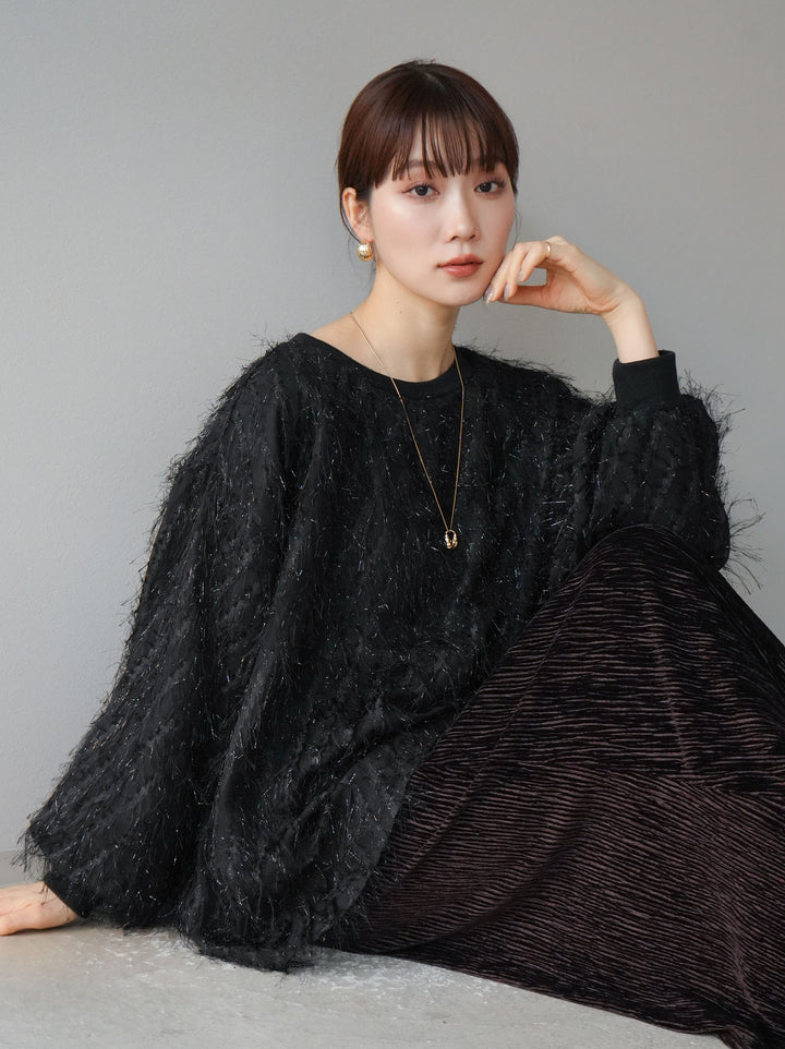 【預購】流蘇薄紗多層抓絨套頭衫/黑