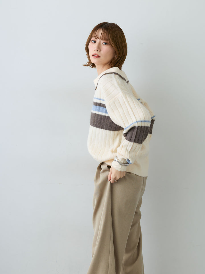 [SET]マルチボーダー起毛スキッパーニットトップス+ウエストレースドレープワイドパンツ(2set)
