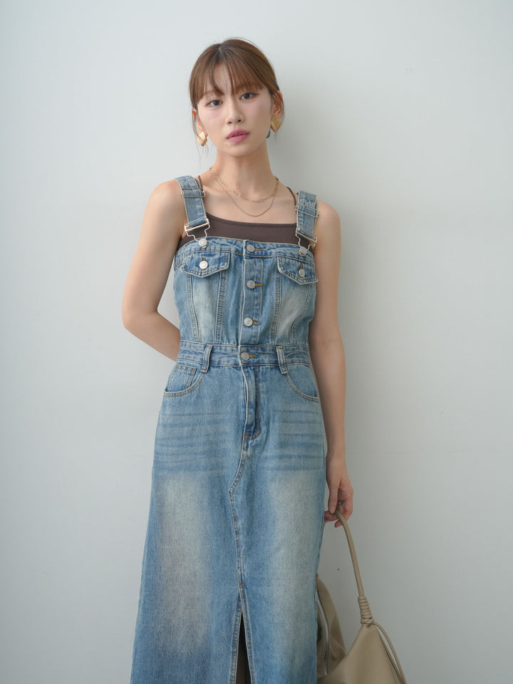 [SET]フロントボタンデニムジャンパースカート+カップ付きバッククロスキャミソール(2set)