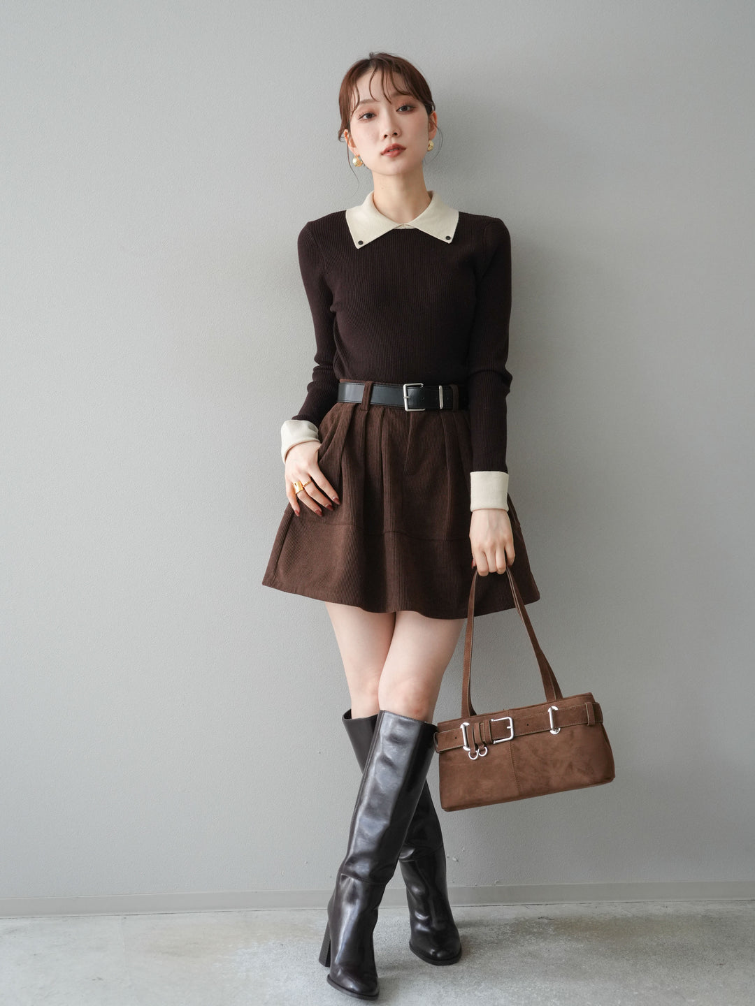 [予約]ベルト付インパンコーデュロイタックフレアスカート/brown