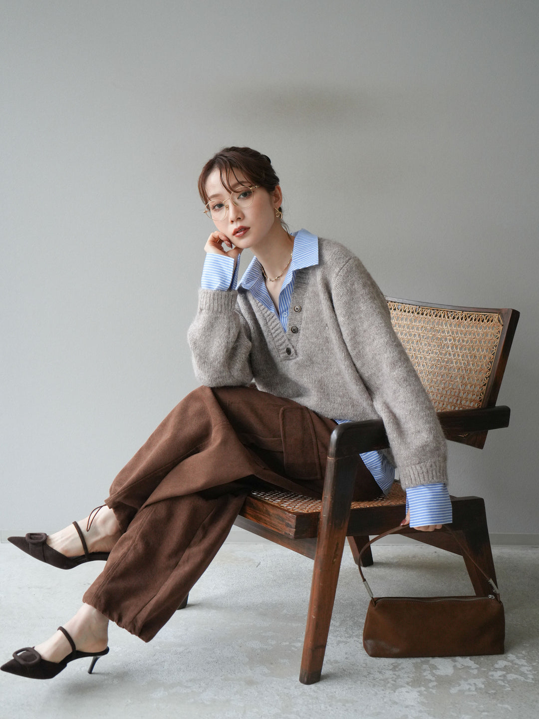 [予約]ストライプシャツドッキングMIXヤーンニットプルオーバー/beige