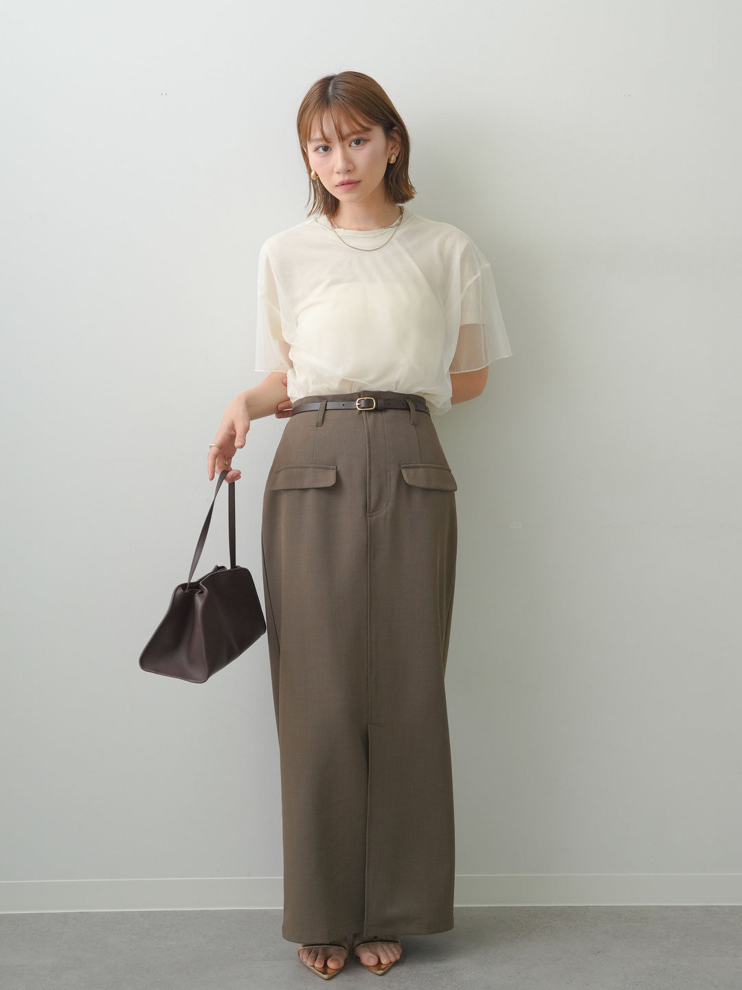 [SET]シアーチュールレイヤードTEE+クレープデシンフラップ付きストレートスカート(2set)