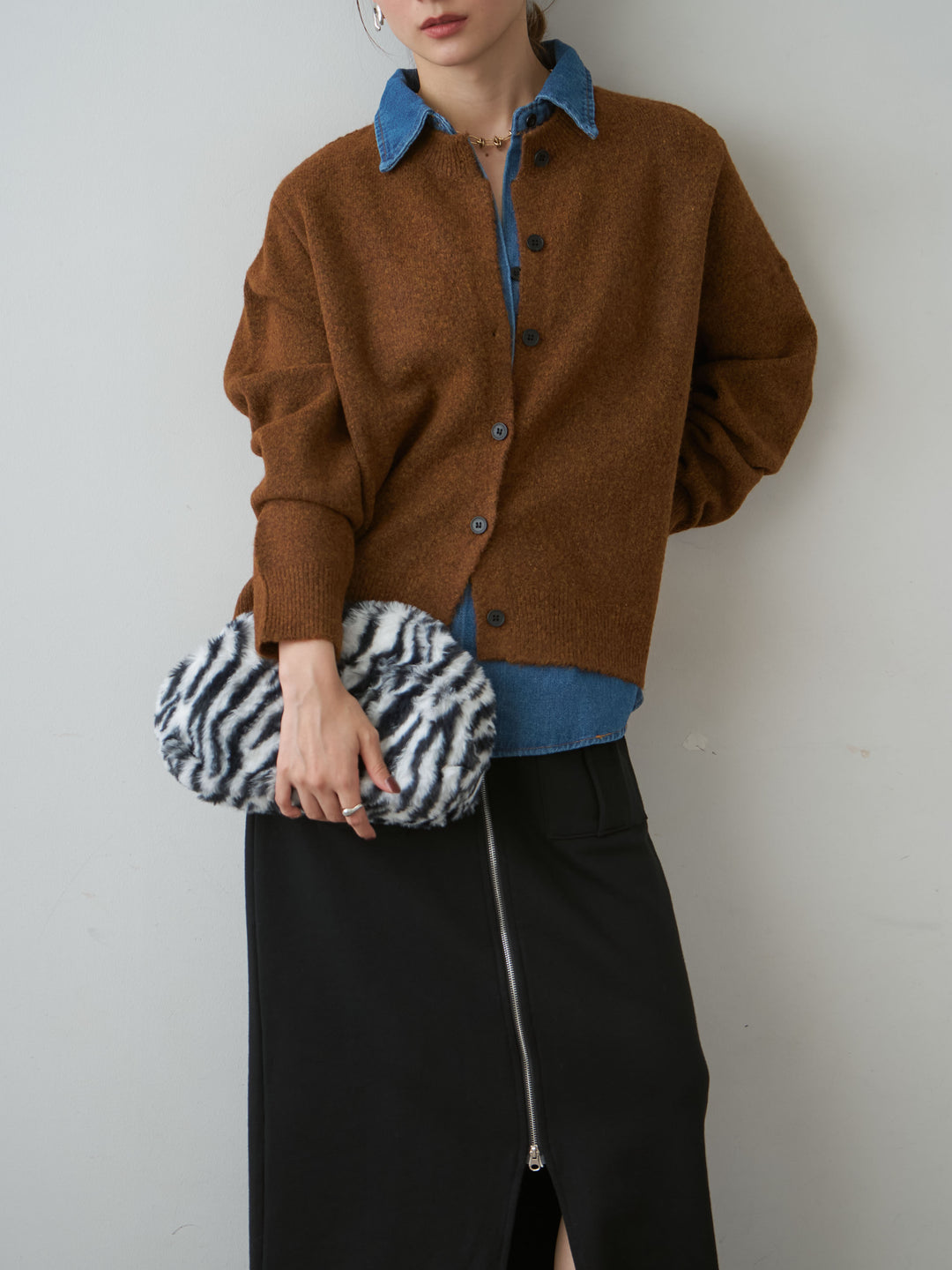 [予約]デニムシャツレイヤードデザインカーディガン/brown