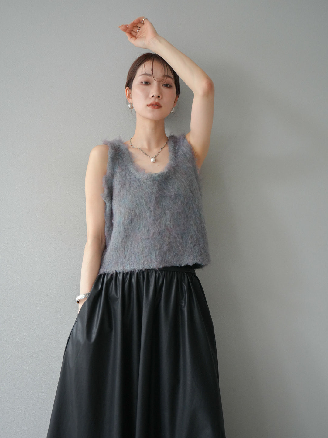 [予約]ミックスシャギーUネックベスト/グリーン