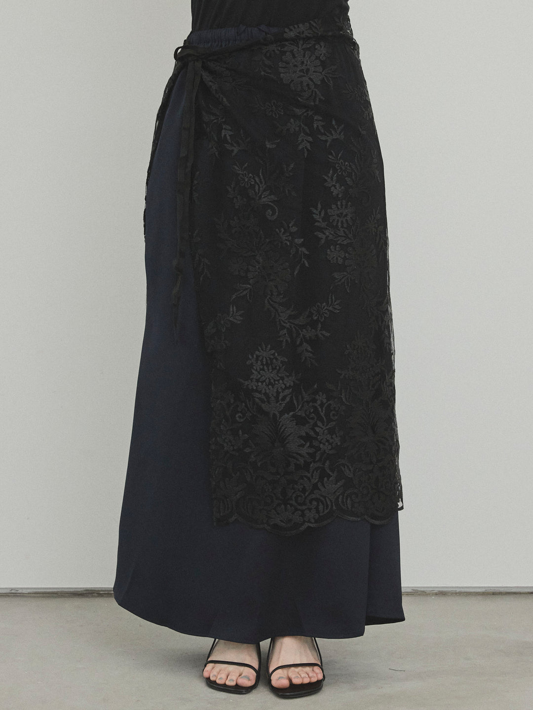 [C]チュールジャガードラップロングスカート/ブラック