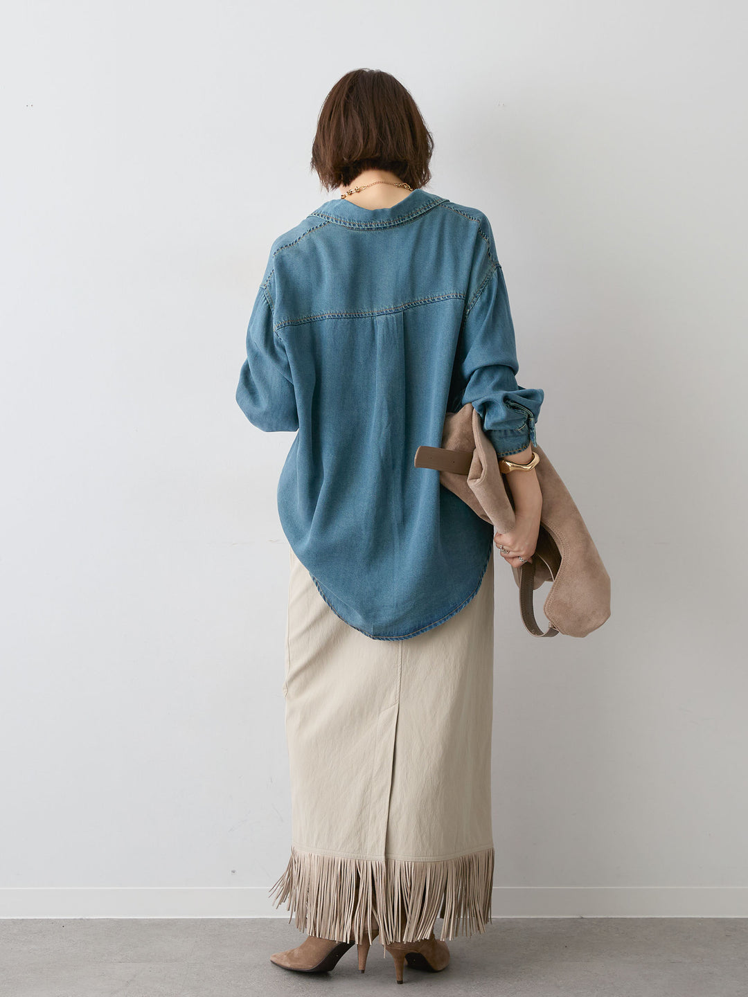 [SET]モチーフ刺繍デニムシャツ+レザータッチフリンジスカート(2set)