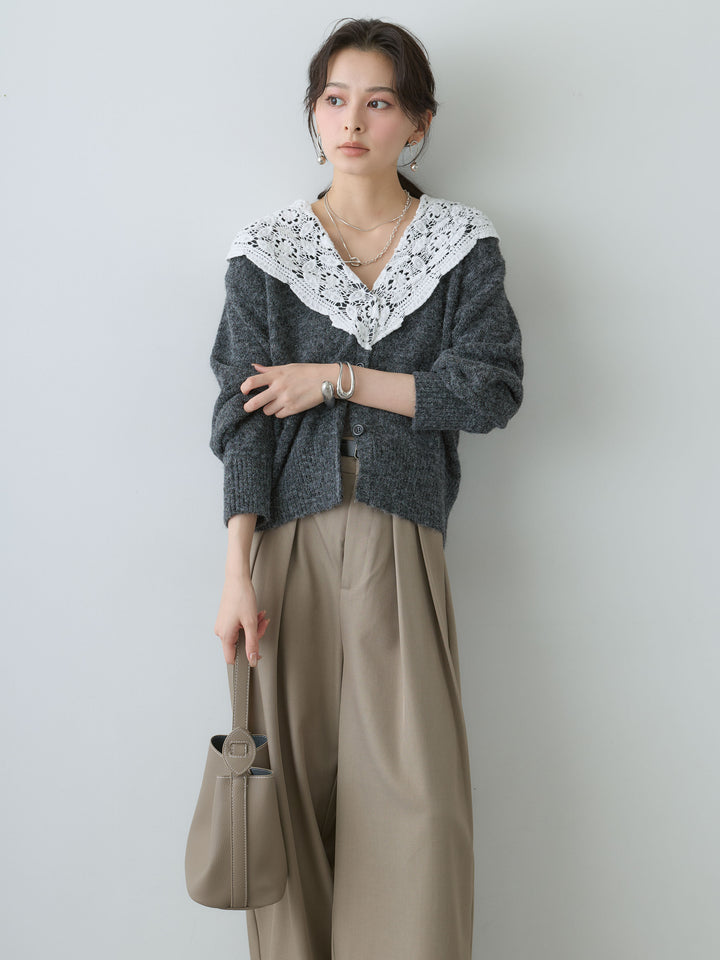 [SET]モヘアレースショールカラーカーディガン+ツイルタックワイドパンツ(2set)