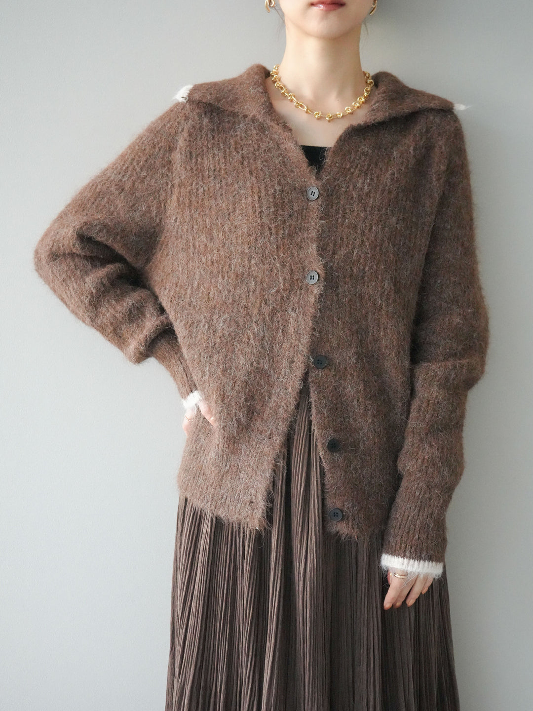 [予約]襟付きバイカラーミックスニットカーディガン/brown