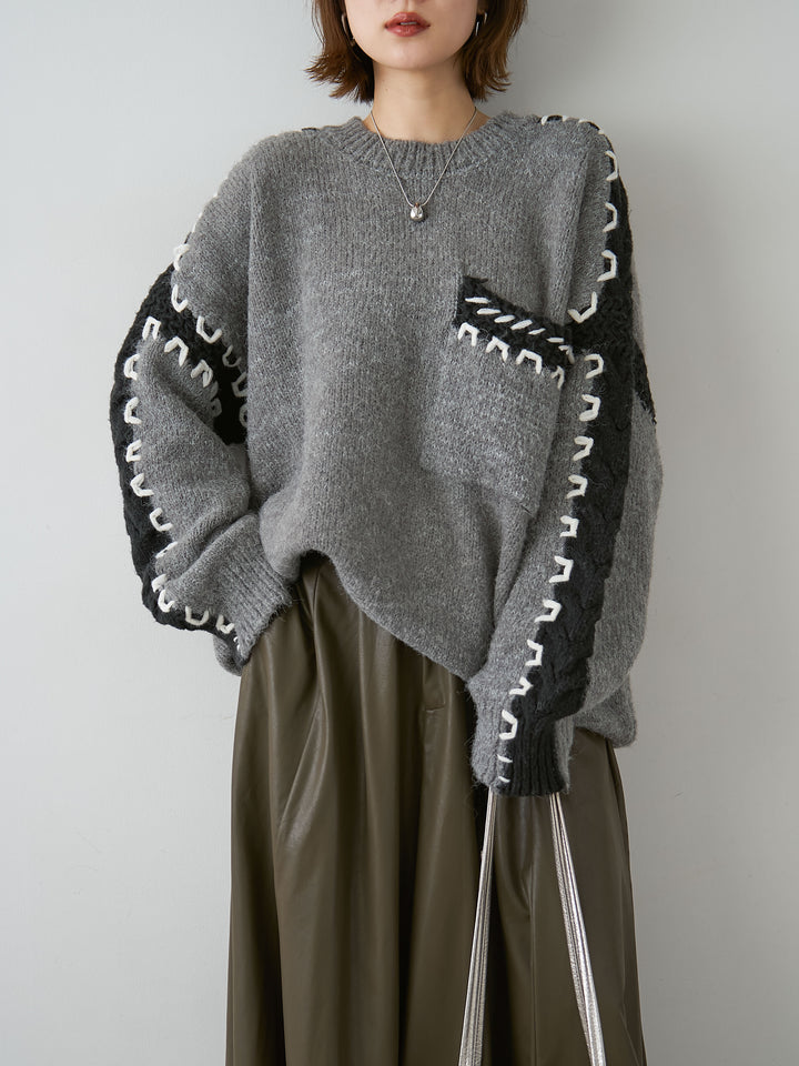 [予約]ハンドステッチデザインニットトップス/gray