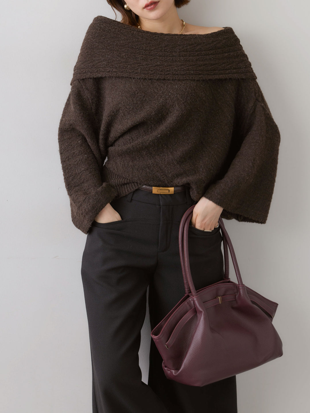 [予約]アシメデザインオフショルニットトップス/brown