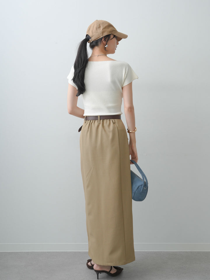 [SET]ランダムメローリブニットトップス+クレープデシンフラップ付きストレートスカート(2set)