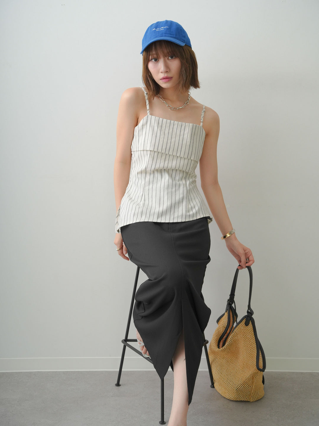 [SET]ストライプアシメキャミソール+クレープデシンフラップ付きストレートスカート(2set)