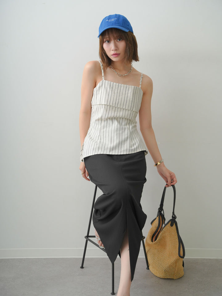 [SET]ストライプアシメキャミソール+クレープデシンフラップ付きストレートスカート(2set)