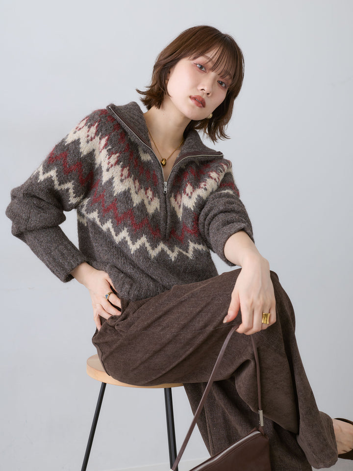 [SET]ノルディックハーフジップニットトップス+ベロアデニムタックワイドパンツ(2set)