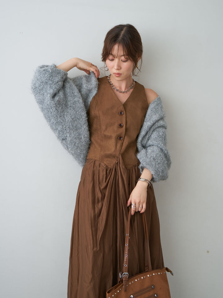 [予約]スウェードタッチ切り替えフレアワンピース/brown