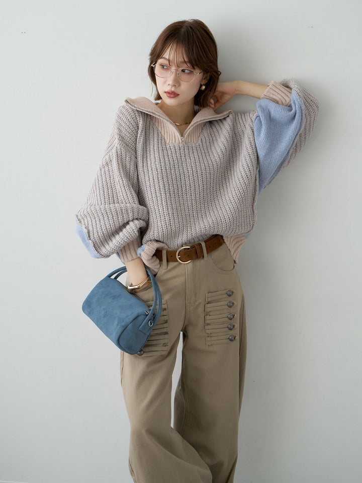 [予約]バイカラーハーフジップリブニットトップス/beige