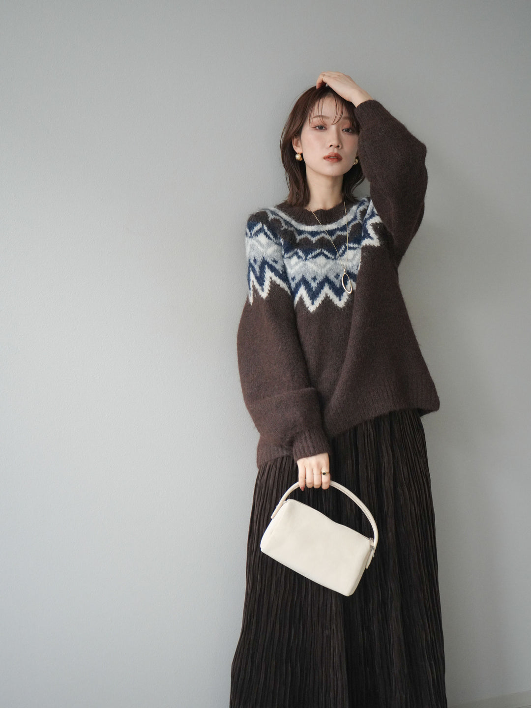 [SET]求心柄オーバーニットプルオーバー+スエードワッシャープリーツスカート(2set)