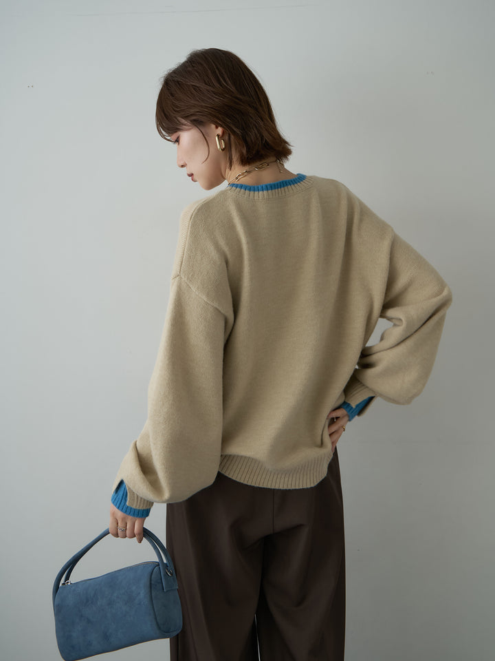 [SET]バイカラーカフスレイヤードニットプルオーバー+ツイルタックワイドパンツ(2set)