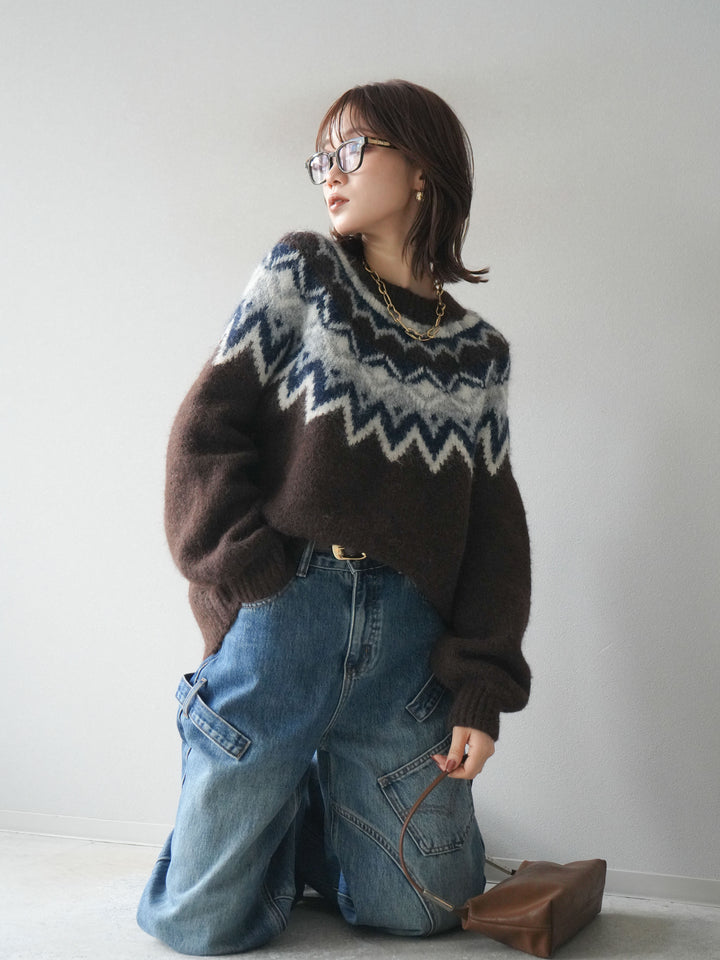 [SET]求心柄オーバーニットプルオーバー+ペインターカーブデニムパンツ(2set)