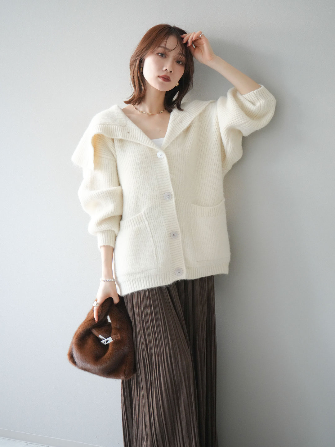 [予約]襟付きボタンオーバーニットカーディガン/ivory